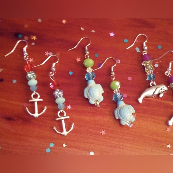 Nautical Sea Life Ocean Beaded Charm Earrings Unique Sparkly Handmade - Picture 8 of 12